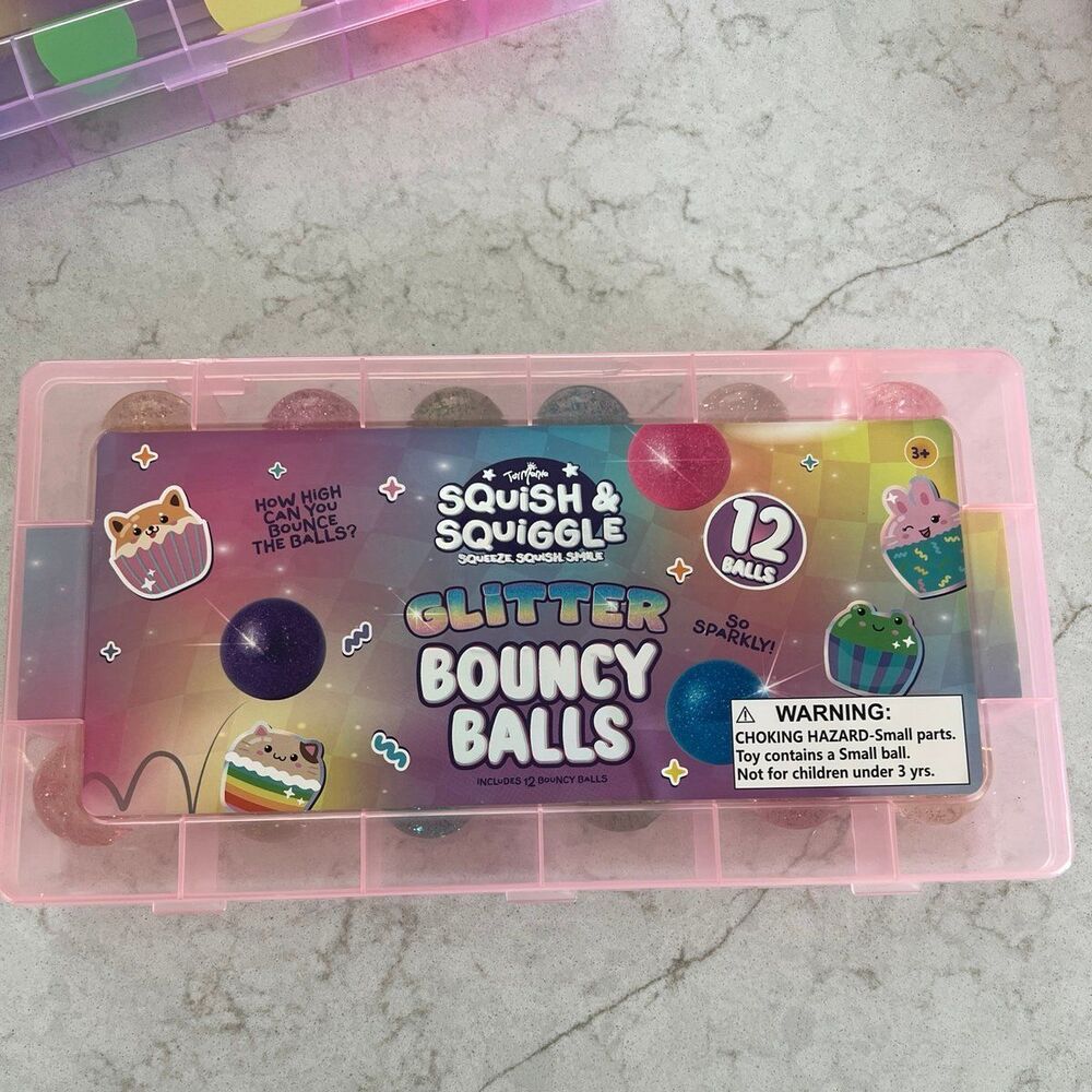 ToyMania Squish and Squiggle Glitter bouncy Balls with Carry Case
